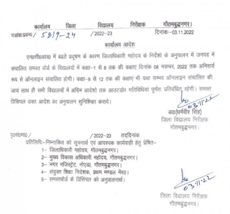 गौतमबुद्धनगर जिले के स्कूल 8 नवम्बर तक बन्द ऑनलाइन चलेंगी कक्षाए