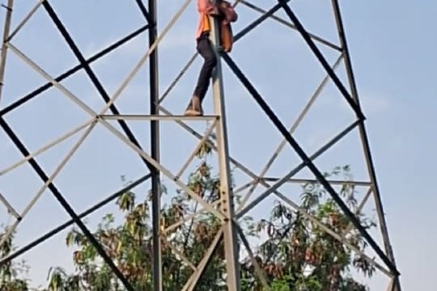 UP रिसिया, बहराइच: 132 के वी हाई वोल्टेज टॉवर पर  चढे युवक को पुलिस ने कडी मशक्कत से उतारा